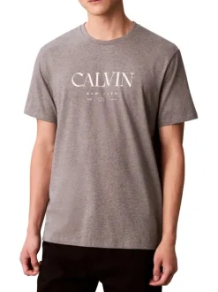 T-shirt en coton gris uni imprimé avec une coupe droite et un col rond