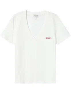 T-shirt en coton ivoire imprimé avec une coupe droite et un col v profond