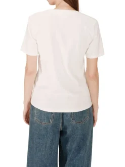 T-shirt en coton ivoire imprimé avec une coupe droite et un col v profond