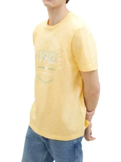T-shirt en coton jaune chiné avec une coupe droite et un col rond