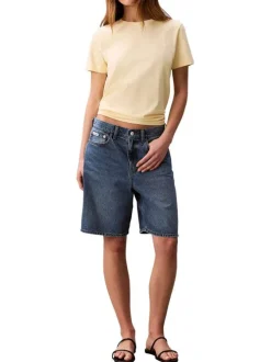 T-shirt en coton jaune uni avec une coupe droite et un col rond