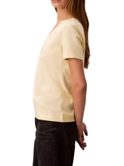 T-shirt en coton jaune uni avec une coupe droite et un col v