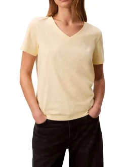 T-shirt en coton jaune uni avec une coupe droite et un col v