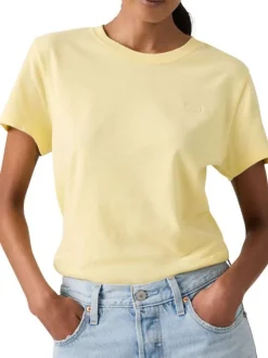 T-shirt en coton jaune uni à coupe ajustée pourvu d'un col rond