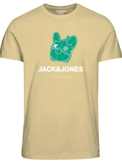 T-shirt en coton jaune uni coupe droite avec col rond et imprimé chien vert