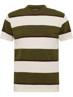 T-shirt en coton kaki avec des rayures larges horizontales et un col rond