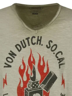 T-shirt en coton kaki clair chiné avec un briquet imprimé et un col v vintage