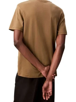T-shirt en coton kaki clair uni à col rond avec le mini logo brodé