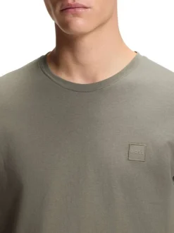 T-shirt en coton kaki à coupe droite pourvu d'un col rond côtelé
