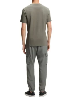 T-shirt en coton kaki à coupe droite pourvu d'un col rond côtelé
