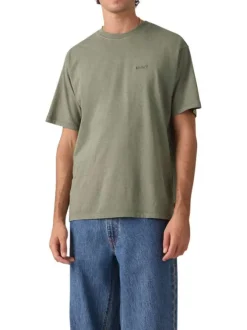 T-shirt en coton kaki à coupe droite pourvu d'un col rond finement côtelé