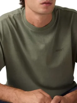 T-shirt en coton kaki à coupe droite pourvu d'un col rond finement côtelé