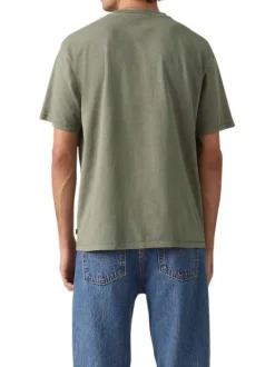 T-shirt en coton kaki à coupe droite pourvu d'un col rond finement côtelé