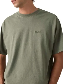 T-shirt en coton kaki à coupe droite pourvu d'un col rond finement côtelé