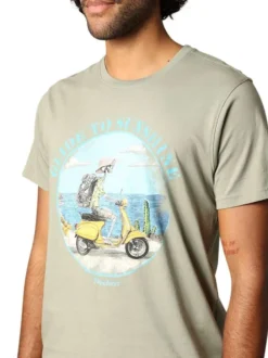 T-shirt en coton kaki imprimé avec une coupe droite et un col rond