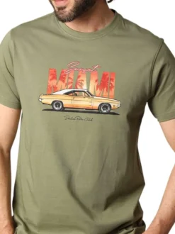 T-shirt en coton kaki imprimé avec une coupe droite et un col rond