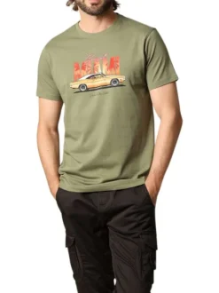 T-shirt en coton kaki imprimé avec une coupe droite et un col rond