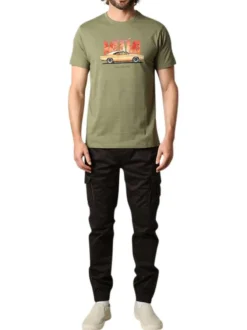 T-shirt en coton kaki imprimé avec une coupe droite et un col rond