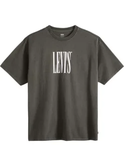 T-shirt en coton kaki imprimé à coupe droite pourvu d'un col rond