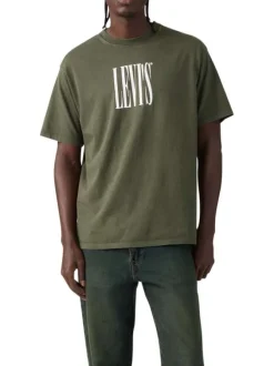 T-shirt en coton kaki imprimé à coupe droite pourvu d'un col rond
