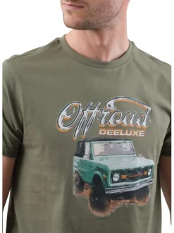 T-shirt en coton kaki imprimé voiture avec une coupe droite et un col rond