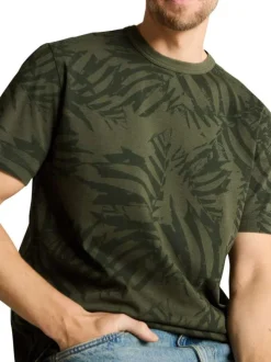 T-shirt en coton kaki à motifs pourvu d'une coupe droite et d'un col rond