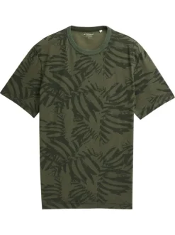 T-shirt en coton kaki à motifs pourvu d'une coupe droite et d'un col rond