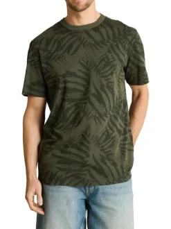 T-shirt en coton kaki à motifs pourvu d'une coupe droite et d'un col rond