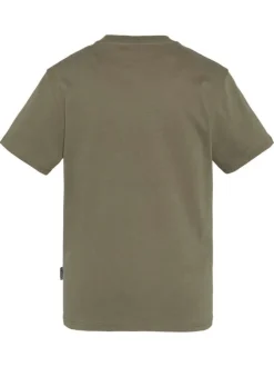 T-shirt en coton kaki uni avec un col rond et le nom de la marque en petit