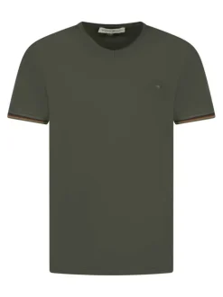 T-shirt en coton kaki uni avec un col v et des liserés à l'extrémité des manches