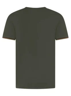 T-shirt en coton kaki uni avec un col v et des liserés à l'extrémité des manches