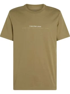 T-shirt en coton kaki uni avec une coupe droite et des fines écritures à l'avant
