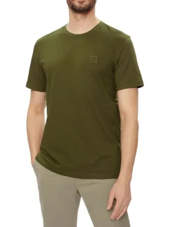 T-shirt en coton kaki uni avec une coupe droite et un col rond
