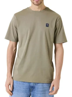 T-shirt en coton kaki uni à col rond avec patch de la marque