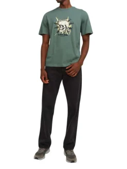 T-shirt en coton kaki uni coupe droite avec un col rond et flocage crâne