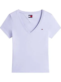 T-shirt en coton lavande uni avec une coupe ajustée et un col v