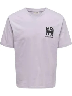 T-shirt en coton lilas à imprimé chat au dos avec un col rond