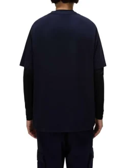 T-shirt en coton marine avec imprimé de la marque à coupe droite et à col rond