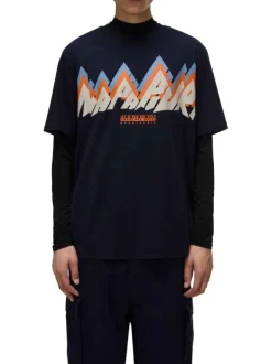 T-shirt en coton marine avec imprimé de la marque à coupe droite et à col rond