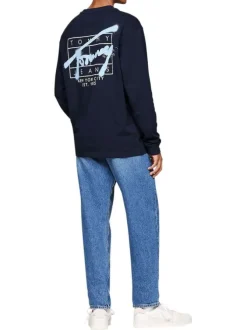 T-shirt en coton marine avec imprimé dos, coupe droite et manches longues