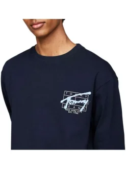 T-shirt en coton marine avec imprimé dos, coupe droite et manches longues