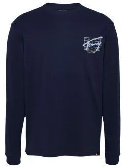 T-shirt en coton marine avec imprimé dos, coupe droite et manches longues