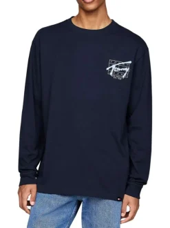 T-shirt en coton marine avec imprimé dos, coupe droite et manches longues