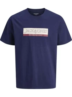 T-shirt en coton marine avec un logo rouge imprimé et un col rond