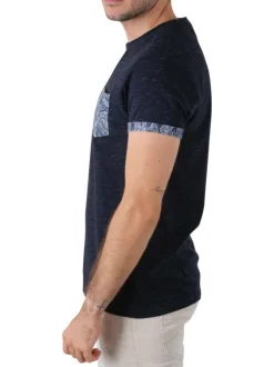 T-shirt en coton marine chiné avec une coupe droite et un col rond