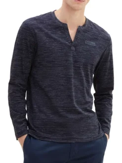 T-shirt en coton marine chiné avec une coupe droite et un col tunisien