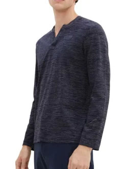 T-shirt en coton marine chiné avec une coupe droite et un col tunisien