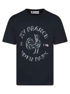 T-shirt en coton marine coupe ajustée avec un col rond et un imprimé