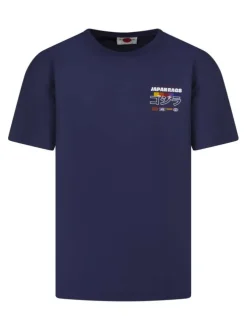 T-shirt en coton marine à coupe droite pourvu d'un col rond en bord-côté