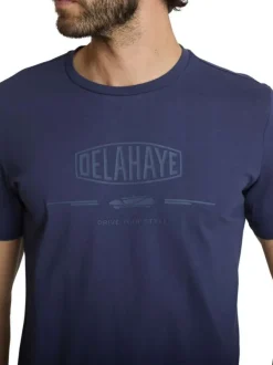 T-shirt en coton marine à coupe droite pourvu d'un col rond en maille piquée